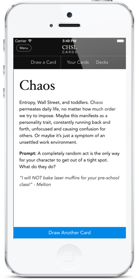 A screenshot of the CHSL Cards app for writers, showing the card for Chaos